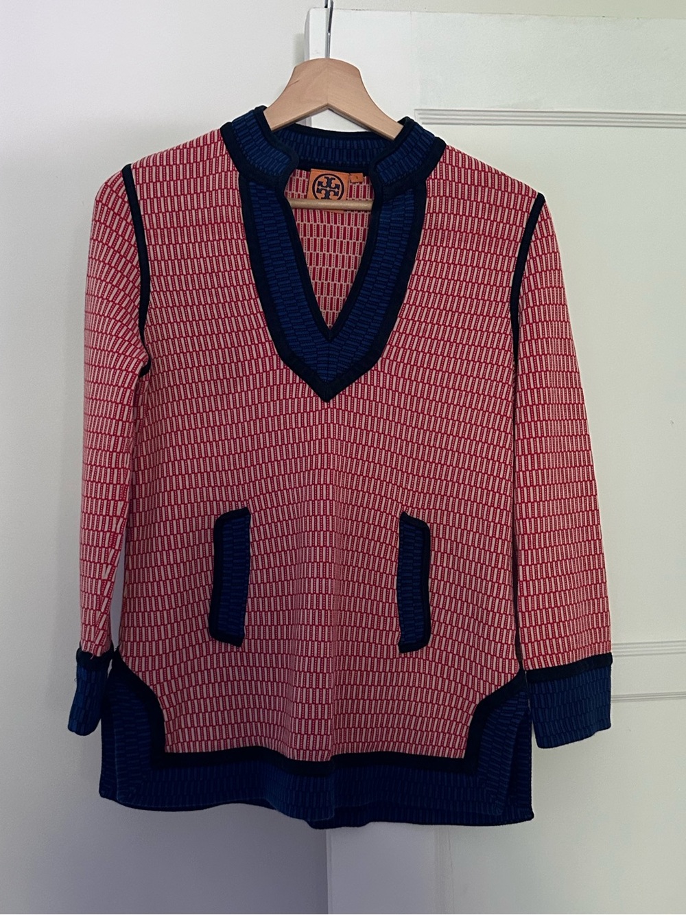 Tory Burch Jacquard Knit V-Neck Sweater — Size S